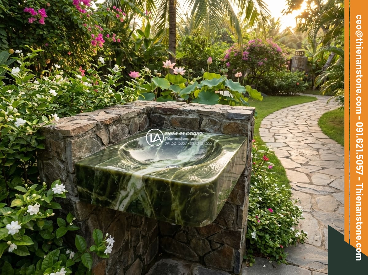 Lavabo đá xanh Ngọc Secpentine góc (400x400x150mm) - Hình 9 Lavabo đá xanh Ngọc Secpentine góc (400x400x150mm) - Beautiful finished corner green serpentine lavabo 400x400x150mm installed in a h