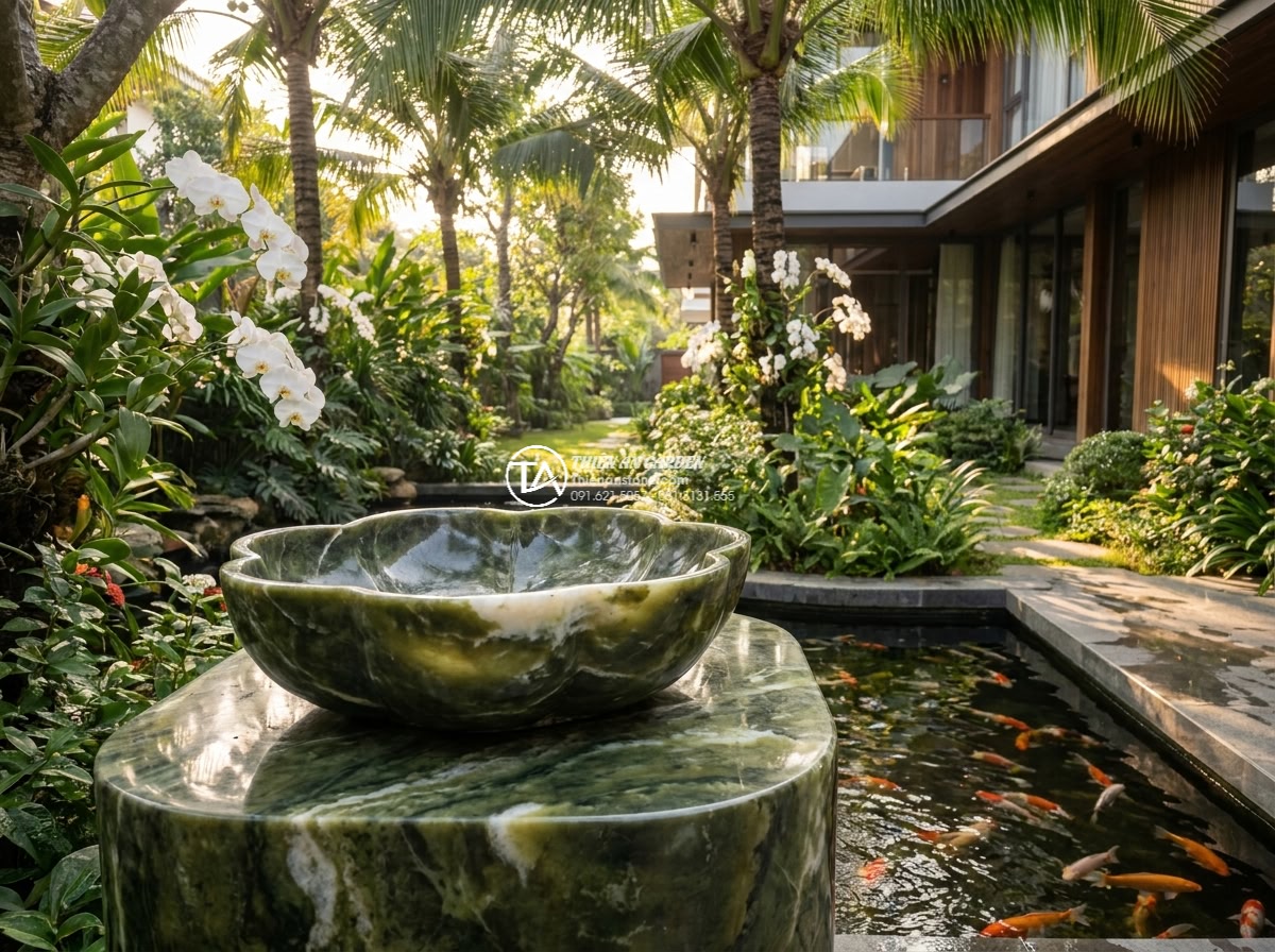 Lavabo đá xanh Ngọc Secpentine hình bông hoa (400x400x150mm) - Wide cinematic view of a luxurious modern villa garden at golden hour, showing a