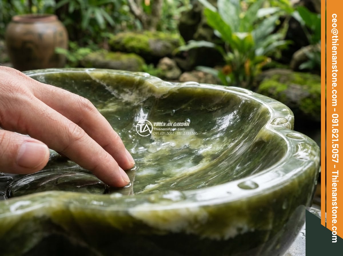 Lavabo đá xanh Ngọc Secpentine hình bông hoa (400x400x150mm) - Hình 3 Lavabo đá xanh Ngọc Secpentine hình bông hoa (400x400x150mm) - Macro detail shot of a hand gently touching the polished surface of the green se