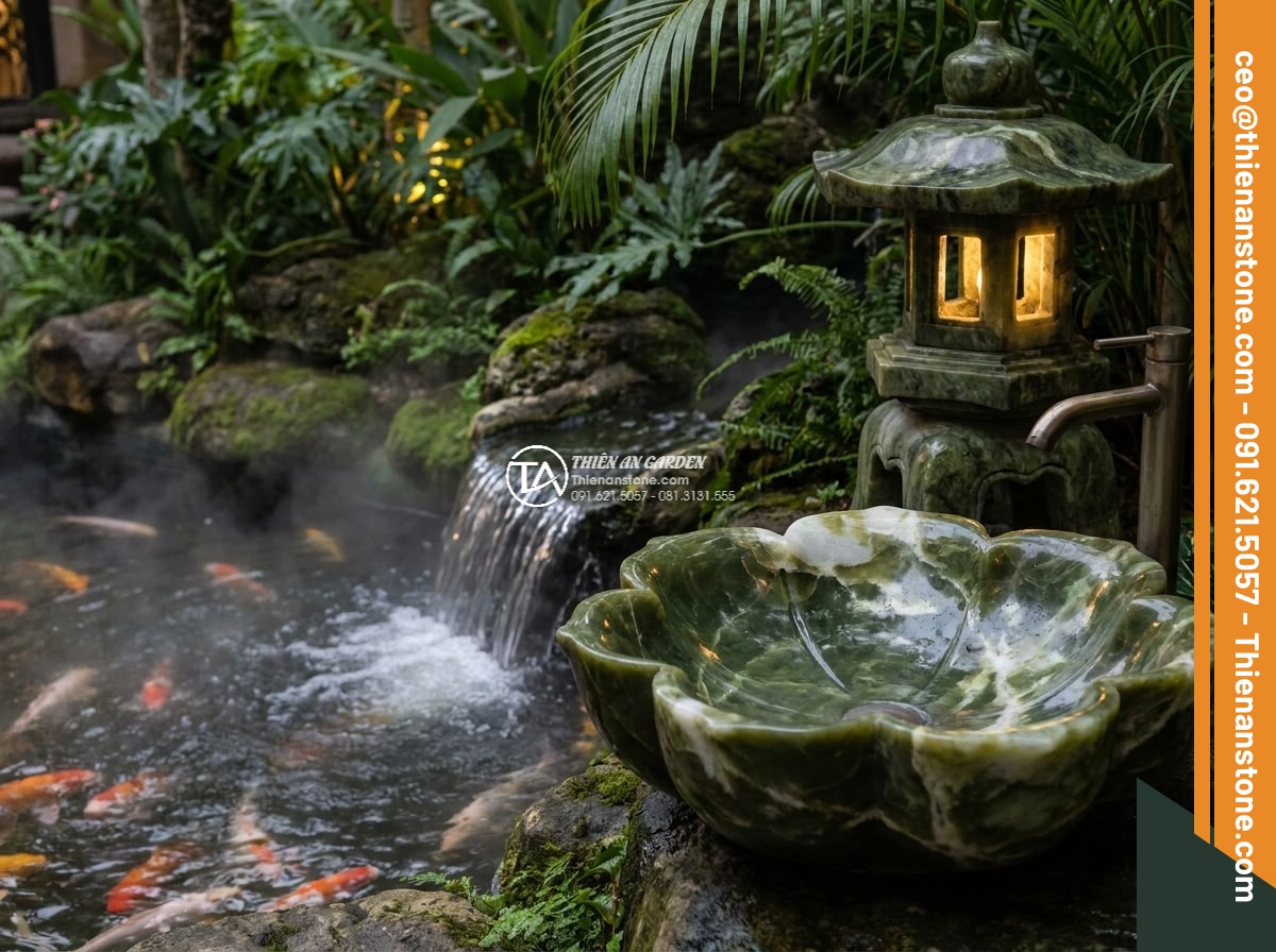 Lavabo đá xanh Ngọc Secpentine hình bông hoa (400x400x150mm) - Hình 5 Lavabo đá xanh Ngọc Secpentine hình bông hoa (400x400x150mm) - Serene garden scene at dusk with the green serpentine flower lavabo positioned a
