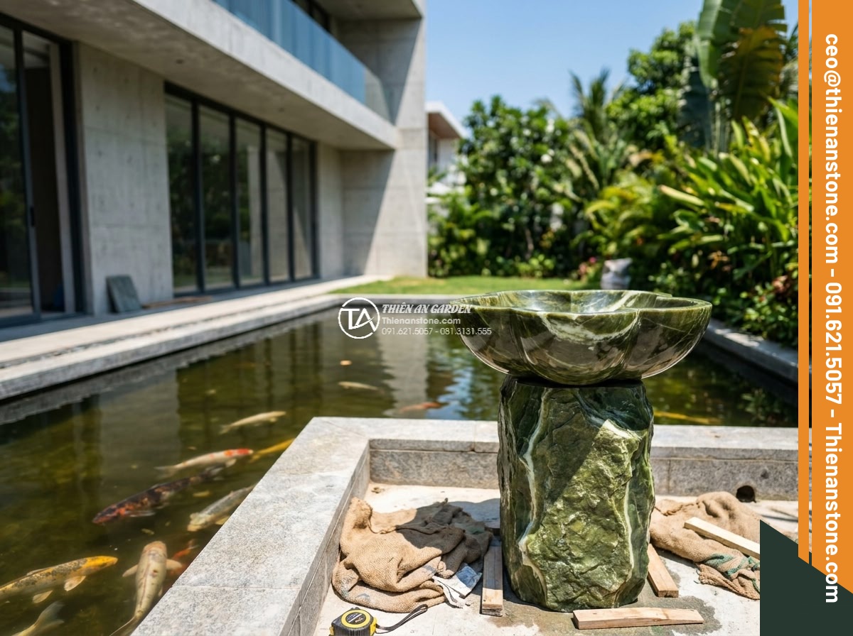 Lavabo đá xanh Ngọc Secpentine hình bông hoa (400x400x150mm) - Hình 7 Lavabo đá xanh Ngọc Secpentine hình bông hoa (400x400x150mm) - Professional installation scene at a luxury villa: workers carefully placing the