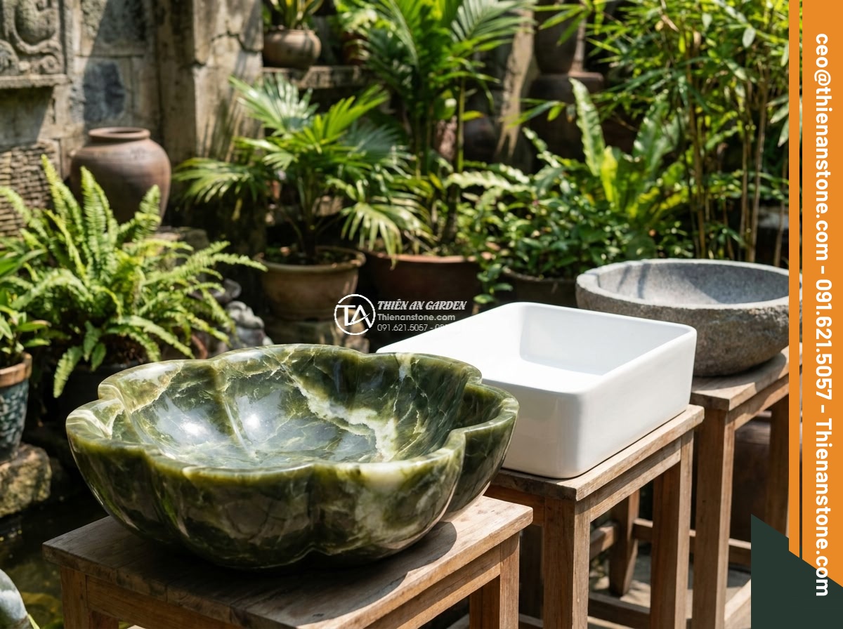 Lavabo đá xanh Ngọc Secpentine hình bông hoa (400x400x150mm) - Hình 8 Lavabo đá xanh Ngọc Secpentine hình bông hoa (400x400x150mm) - Side-by-side comparison visual of different lavabo materials in a garden setting