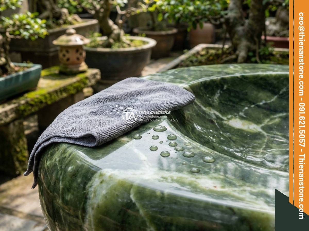 Lavabo đá xanh Ngọc Secpentine hình bông hoa (400x400x150mm) - Hình 9 Lavabo đá xanh Ngọc Secpentine hình bông hoa (400x400x150mm) - Close-up of a person gently cleaning the green serpentine flower lavabo with a s