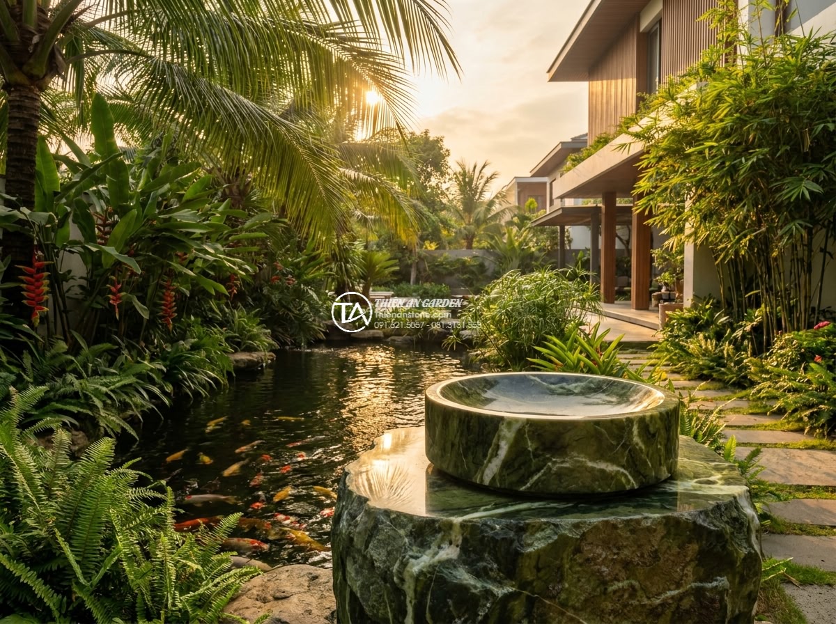 Lavabo đá xanh Ngọc Secpentine hình trụ nông cao 15cm (400x400x150mm) - Cinematic wide angle shot of a luxurious modern villa garden at golden hour, fea
