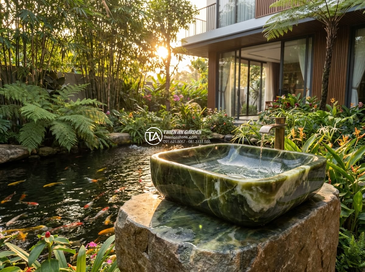 Lavabo đá xanh Ngọc Secpentine hình vuông bo cạnh 42cm (420x420x150mm) - Wide cinematic shot of a luxurious modern villa garden at golden hour, featuring