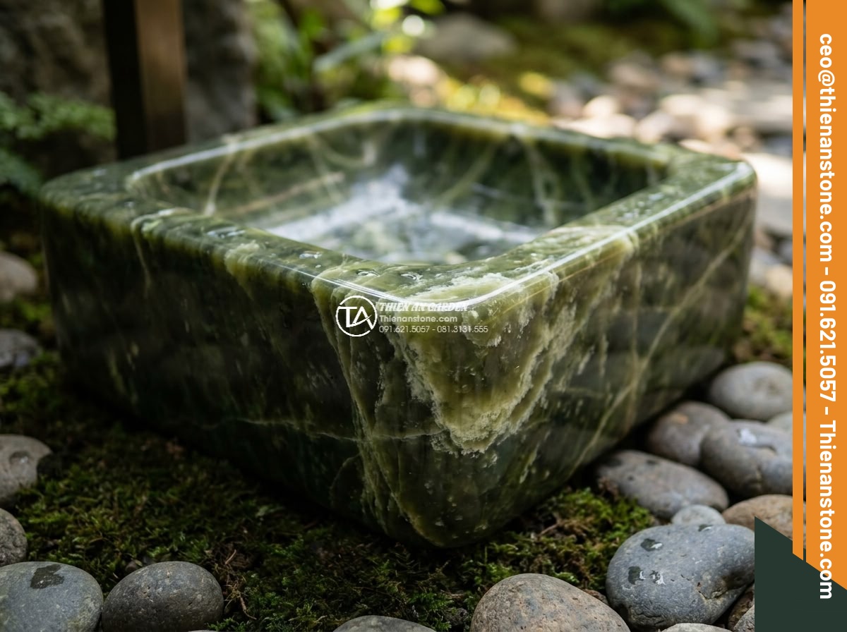 Lavabo đá xanh Ngọc Secpentine hình vuông bo cạnh 42cm (420x420x150mm)