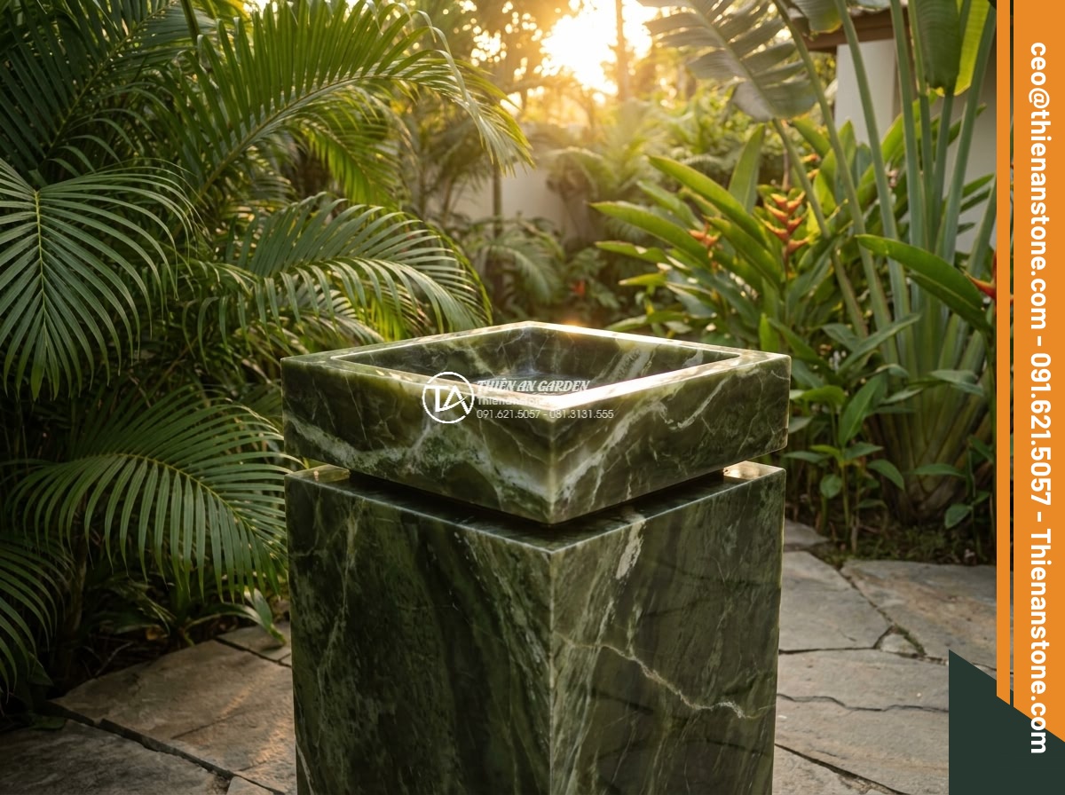 Lavabo đá xanh Ngọc Secpentine hình vuông bo cạnh 42cm (420x420x150mm)