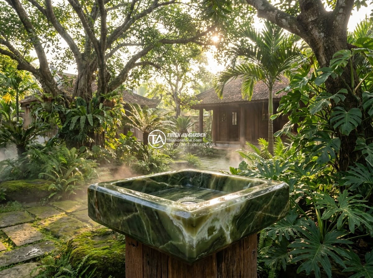 Lavabo đá xanh Ngọc Secpentine hình vuông vát cạnh (400x400x150mm) - Wide angle cinematic shot of a luxurious Vietnamese villa garden at sunrise feat