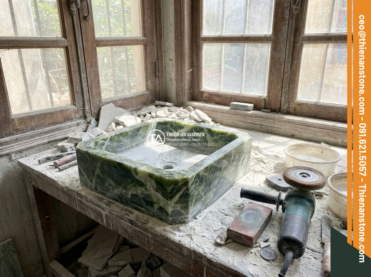 Lavabo đá xanh Ngọc Secpentine hình vuông vát cạnh (400x400x150mm)