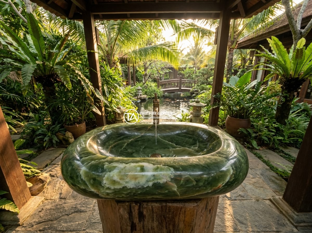 Lavabo đá xanh Ngọc Secpentine Oval dài 48cm (480x380x150mm) - Cinematic wide-angle view of a luxurious oval green serpentine stone sink placed
