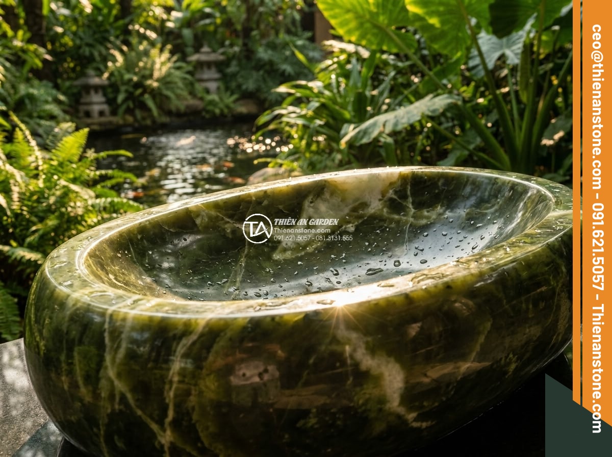Lavabo đá xanh Ngọc Secpentine Oval dài 48cm (480x380x150mm)
