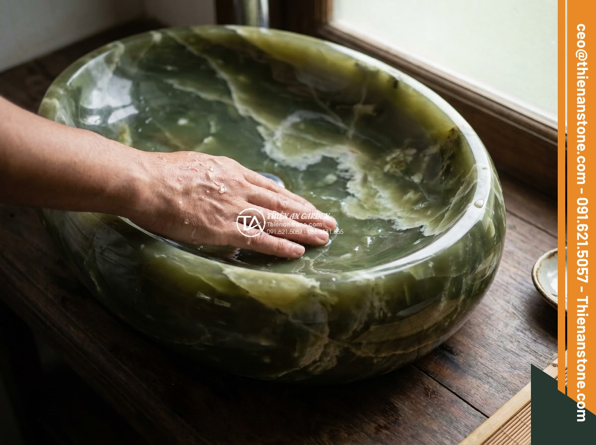Lavabo đá xanh Ngọc Secpentine Oval dài 48cm (480x380x150mm)