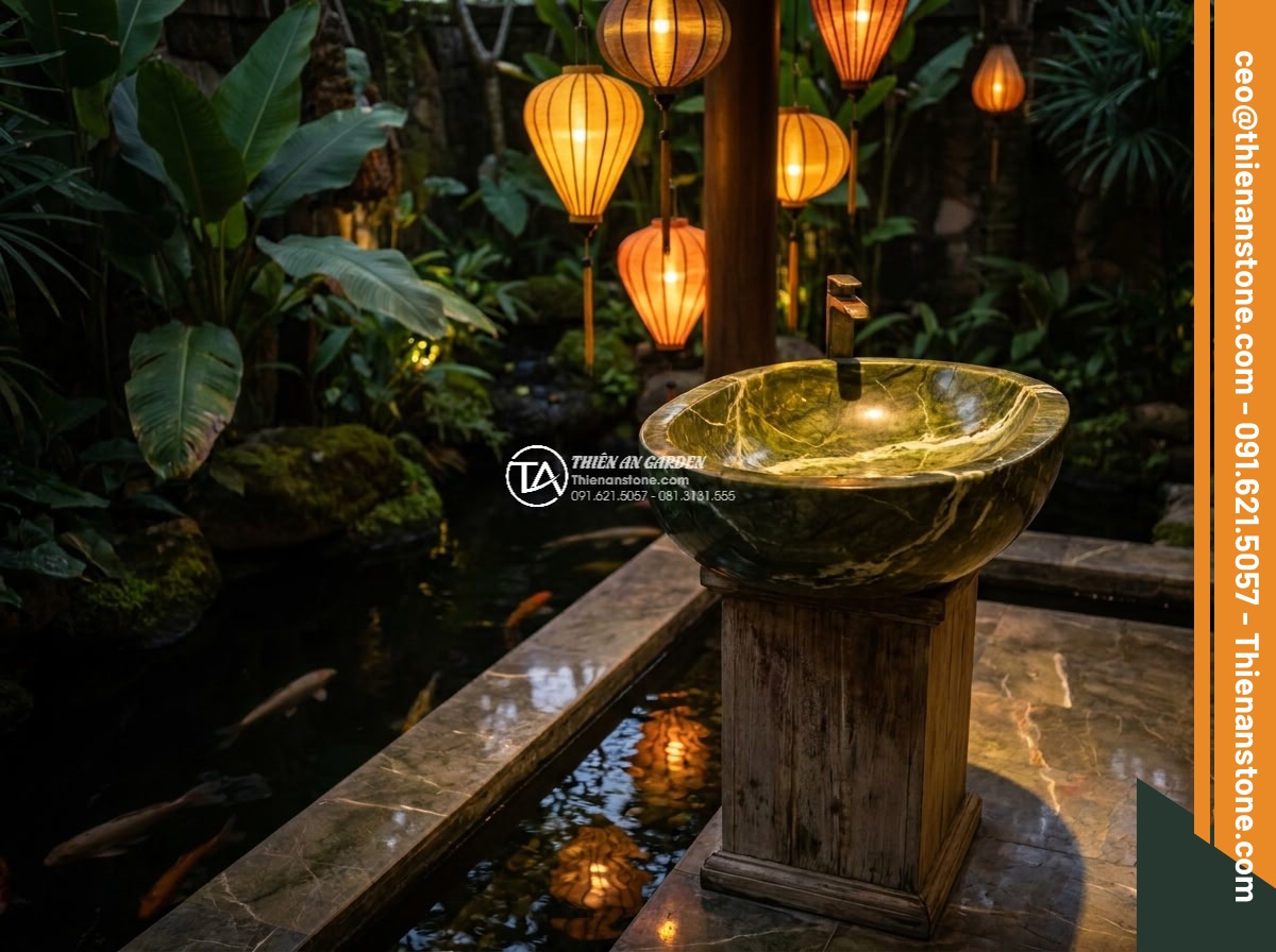 Lavabo đá xanh Ngọc Secpentine Oval dài 48cm (480x380x150mm)