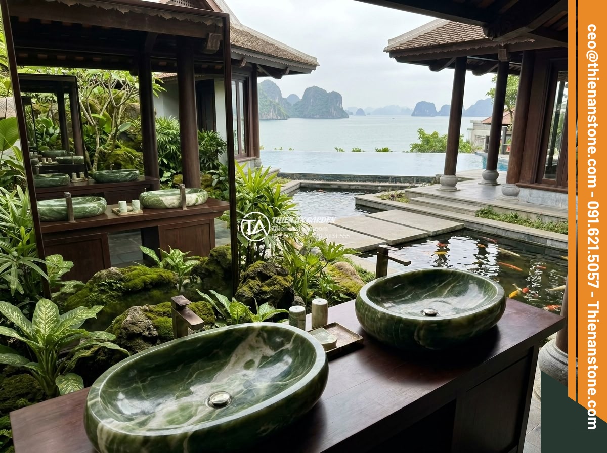 Lavabo đá xanh Ngọc Secpentine Oval dài 48cm (480x380x150mm)