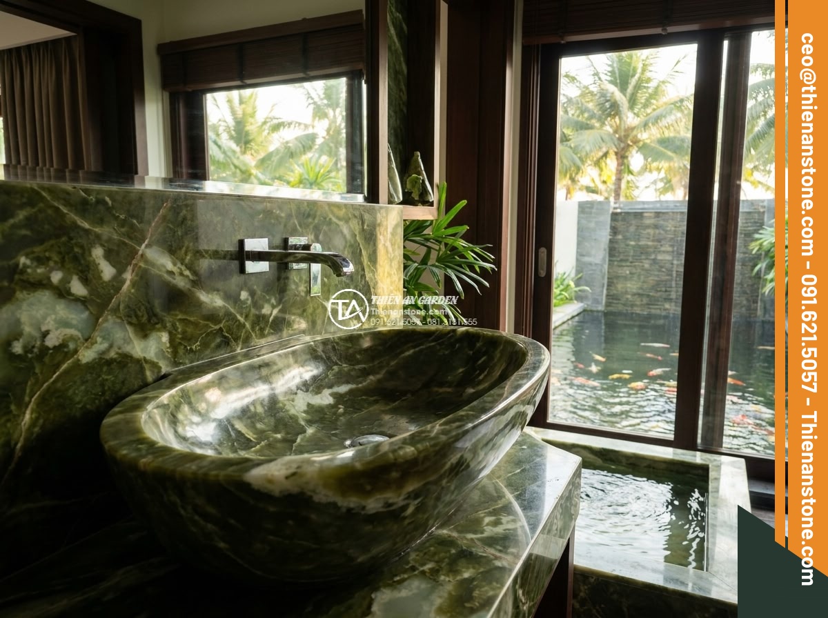 Lavabo đá xanh Ngọc Secpentine Oval dài 48cm (480x380x150mm)