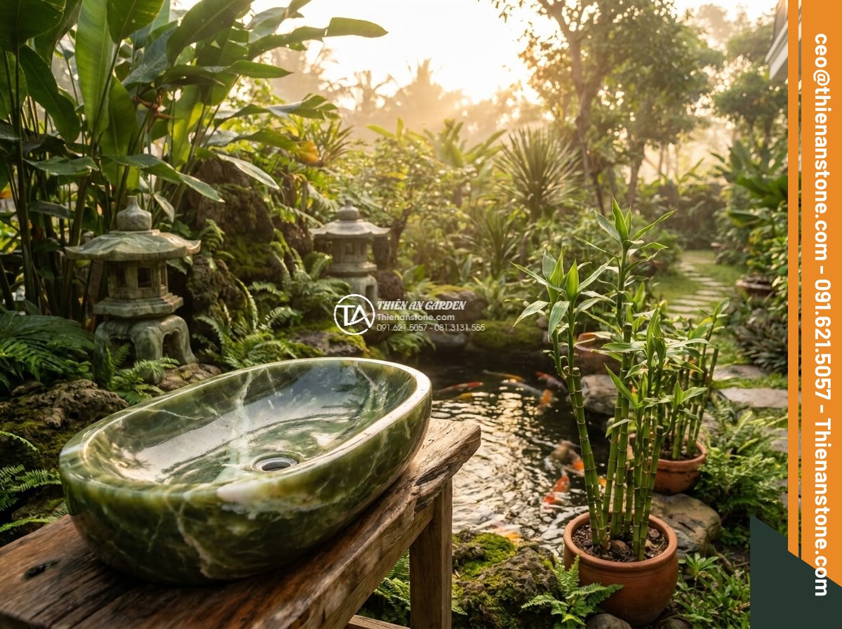 Lavabo đá xanh Ngọc Secpentine Oval dài 48cm (480x380x150mm)