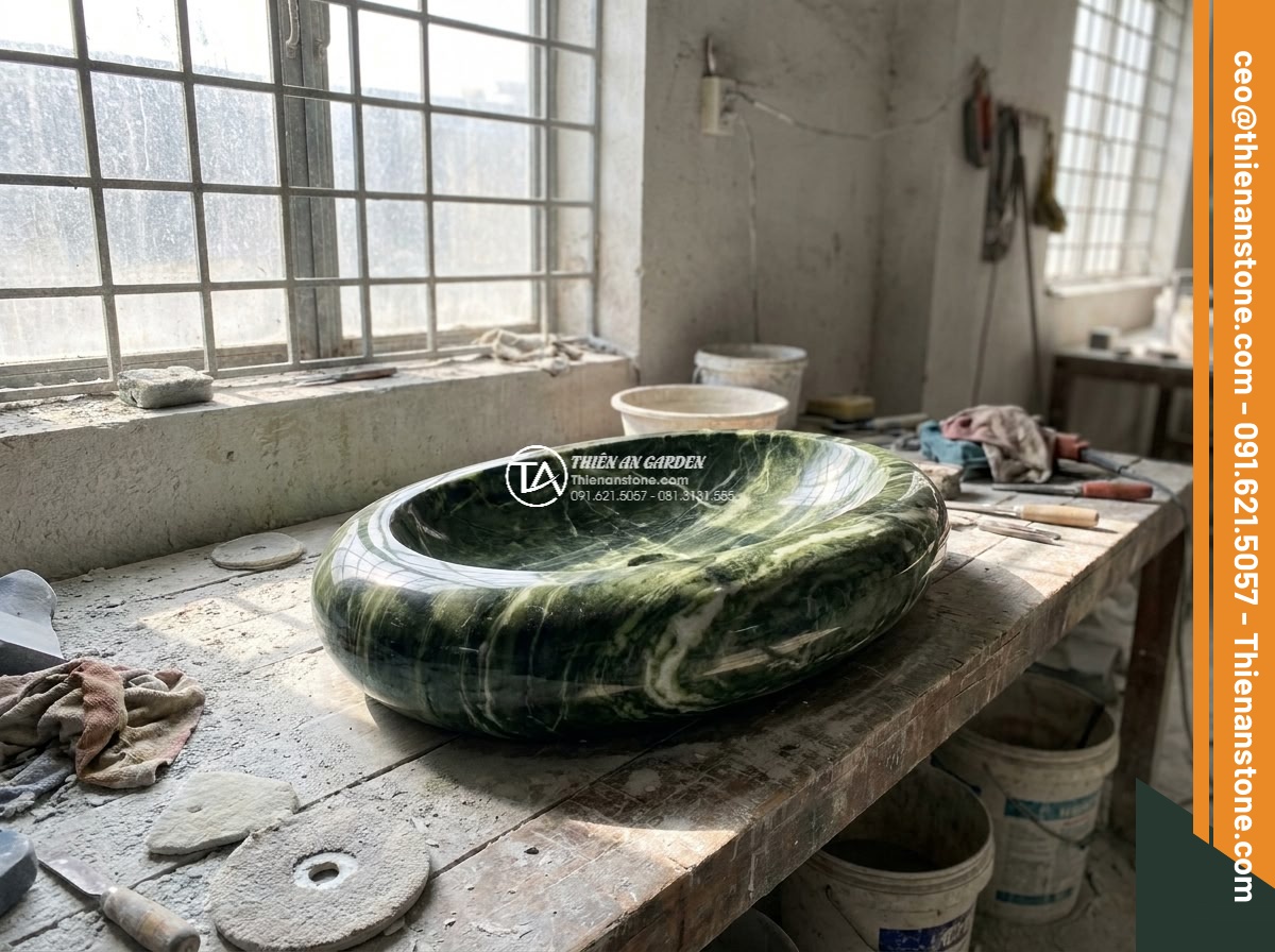 Lavabo đá xanh Ngọc Secpentine Oval dài 48cm (480x380x150mm)