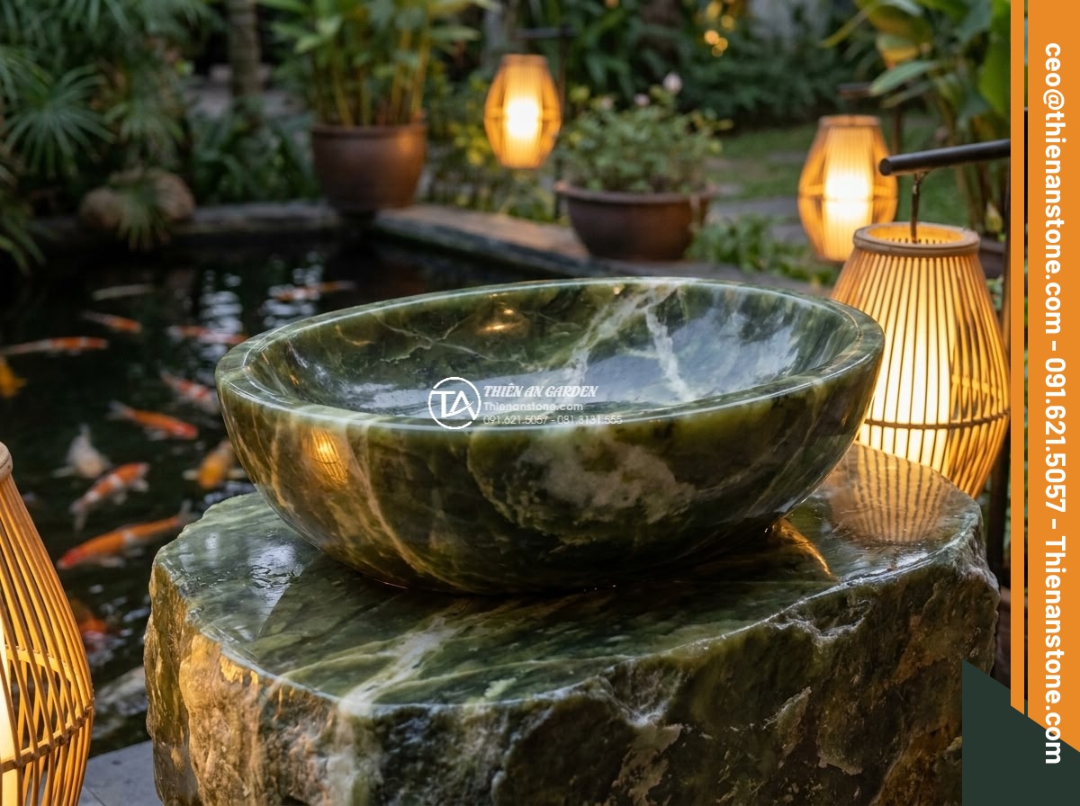 Lavabo đá xanh Ngọc Secpentine Oval dài 48cm (480x380x150mm)