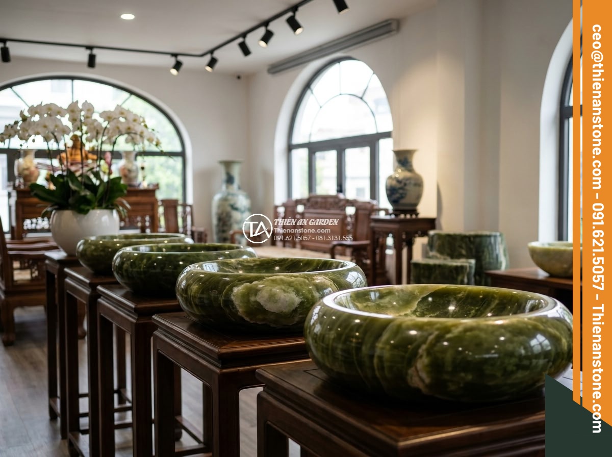 Lavabo đá xanh Ngọc Secpentine Oval dài 48cm (480x380x150mm)