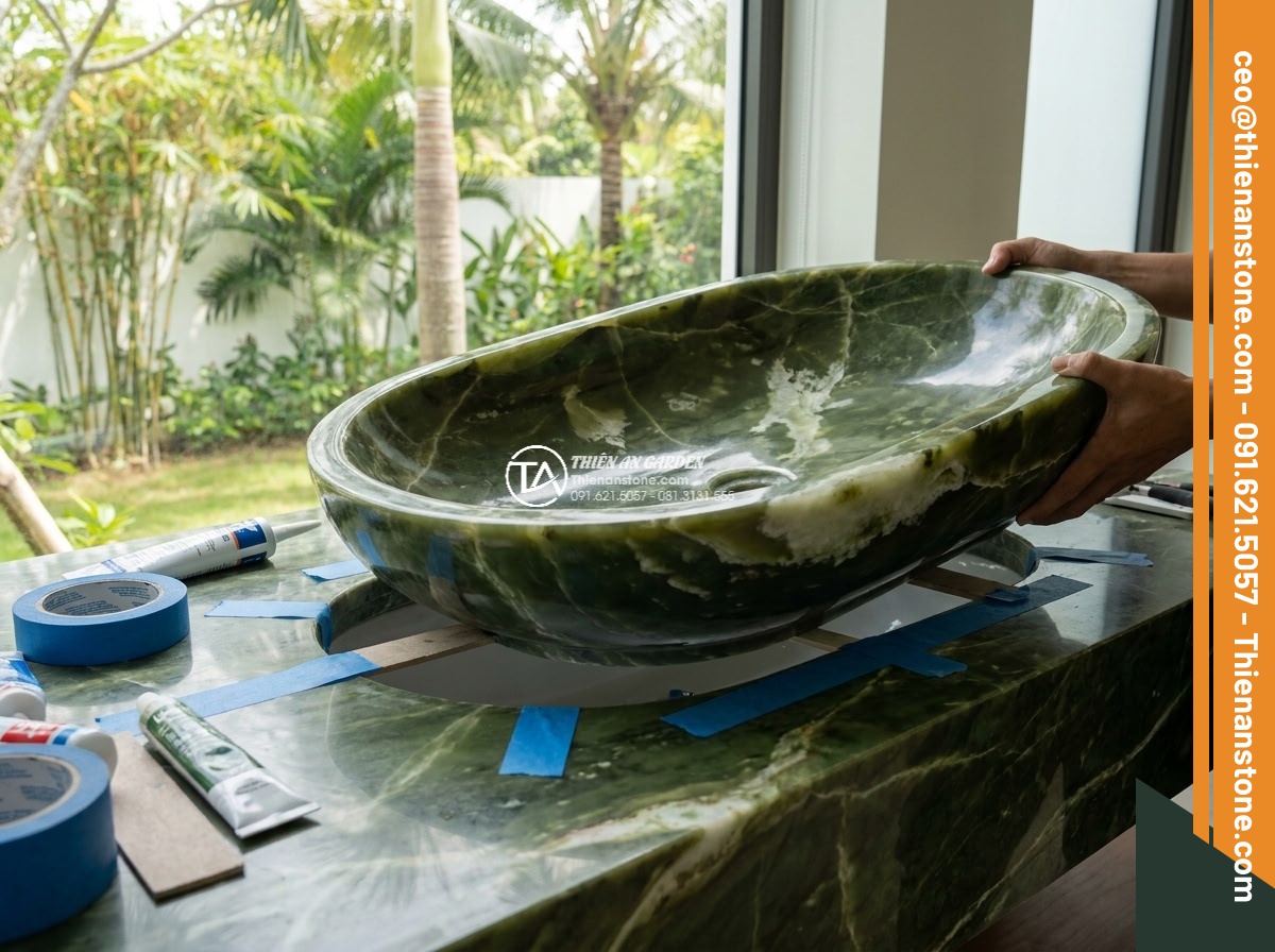 Lavabo đá xanh Ngọc Secpentine Oval dài 48cm (480x380x150mm)
