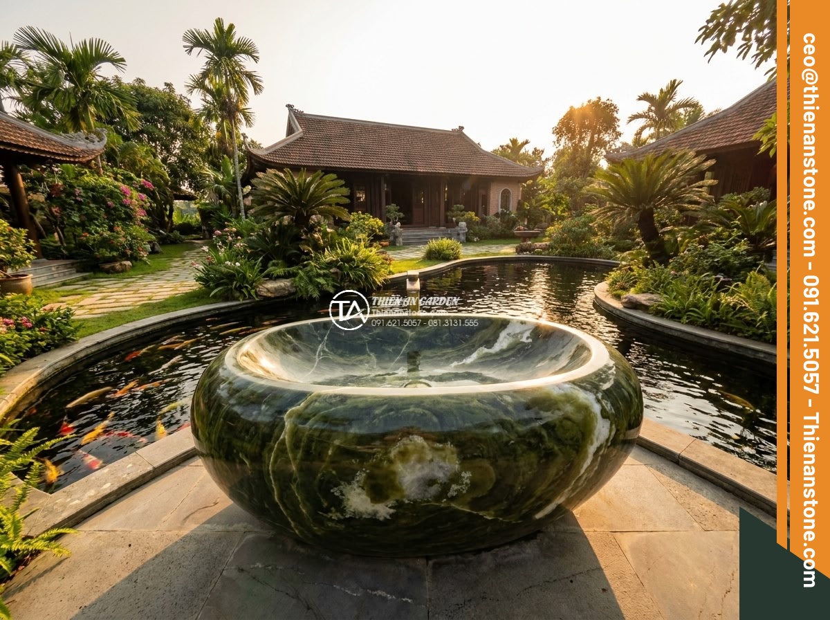 Lavabo đá xanh Ngọc Secpentine Oval dài 48cm (480x380x150mm)
