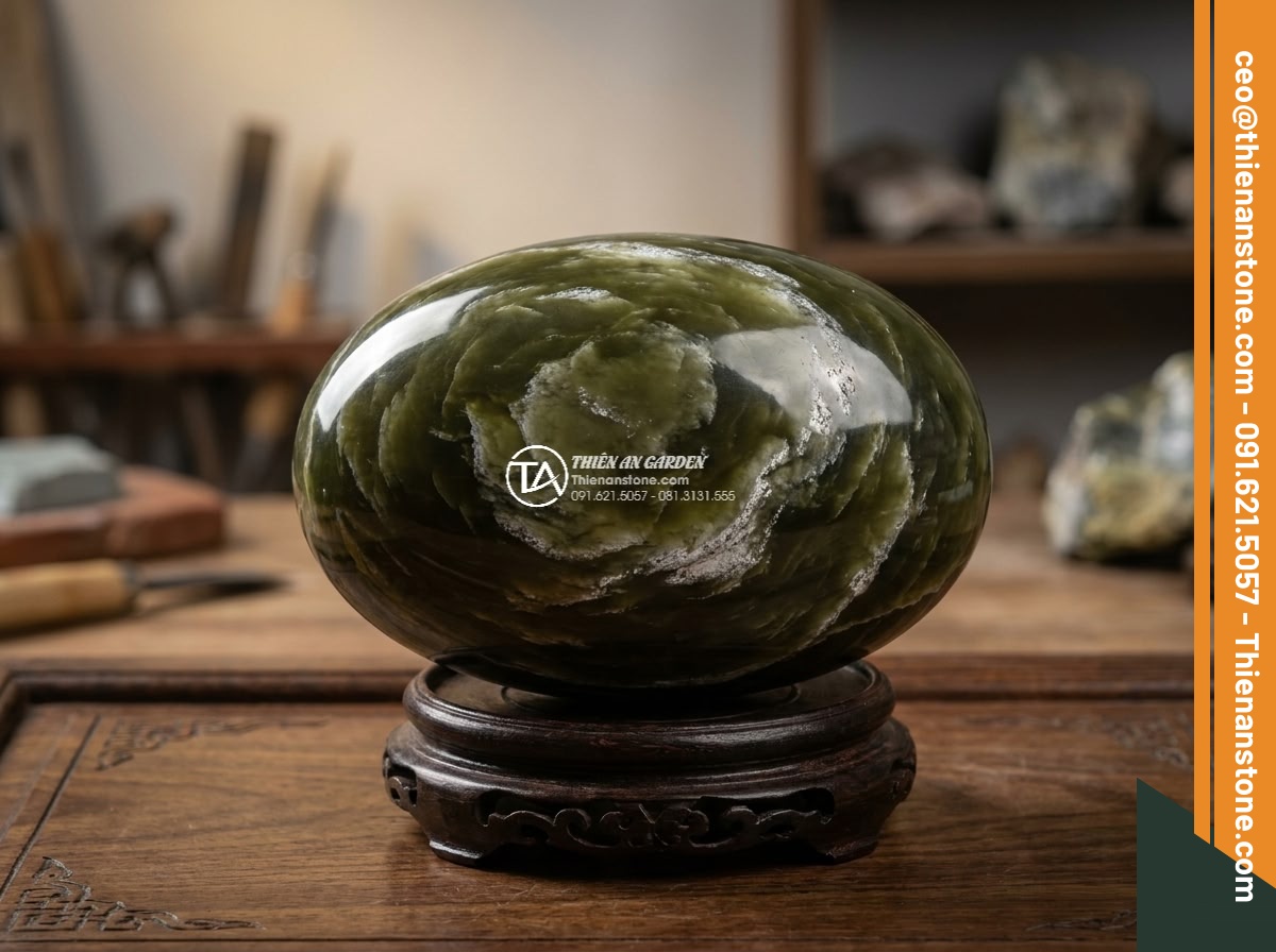 Lavabo đá xanh Ngọc Secpentine Oval dài 48cm (480x380x150mm)