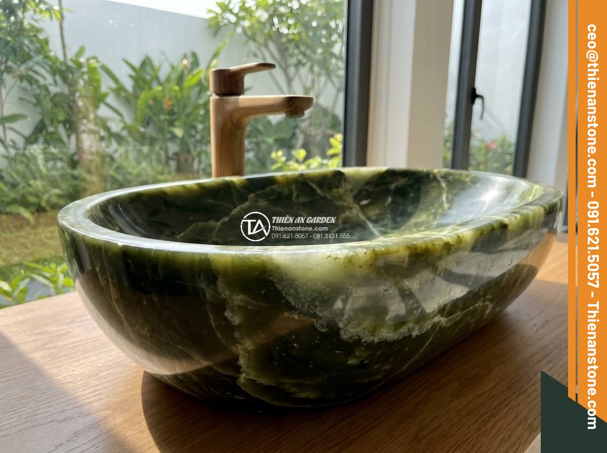 Lavabo đá xanh Ngọc Secpentine Oval dài 48cm (480x380x150mm)