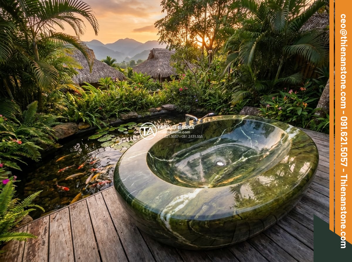 Lavabo đá xanh Ngọc Secpentine Oval dài 48cm (480x380x150mm)