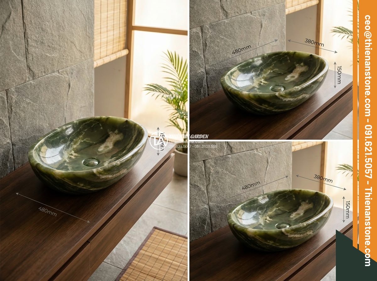 Lavabo đá xanh Ngọc Secpentine Oval dài 48cm (480x380x150mm)