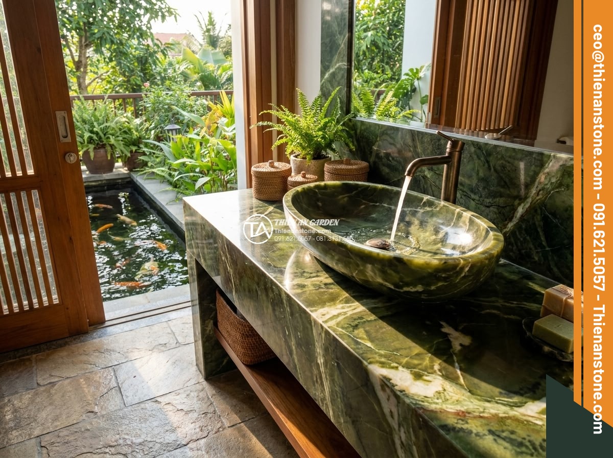 Lavabo đá xanh Ngọc Secpentine Oval dài 48cm (480x380x150mm)