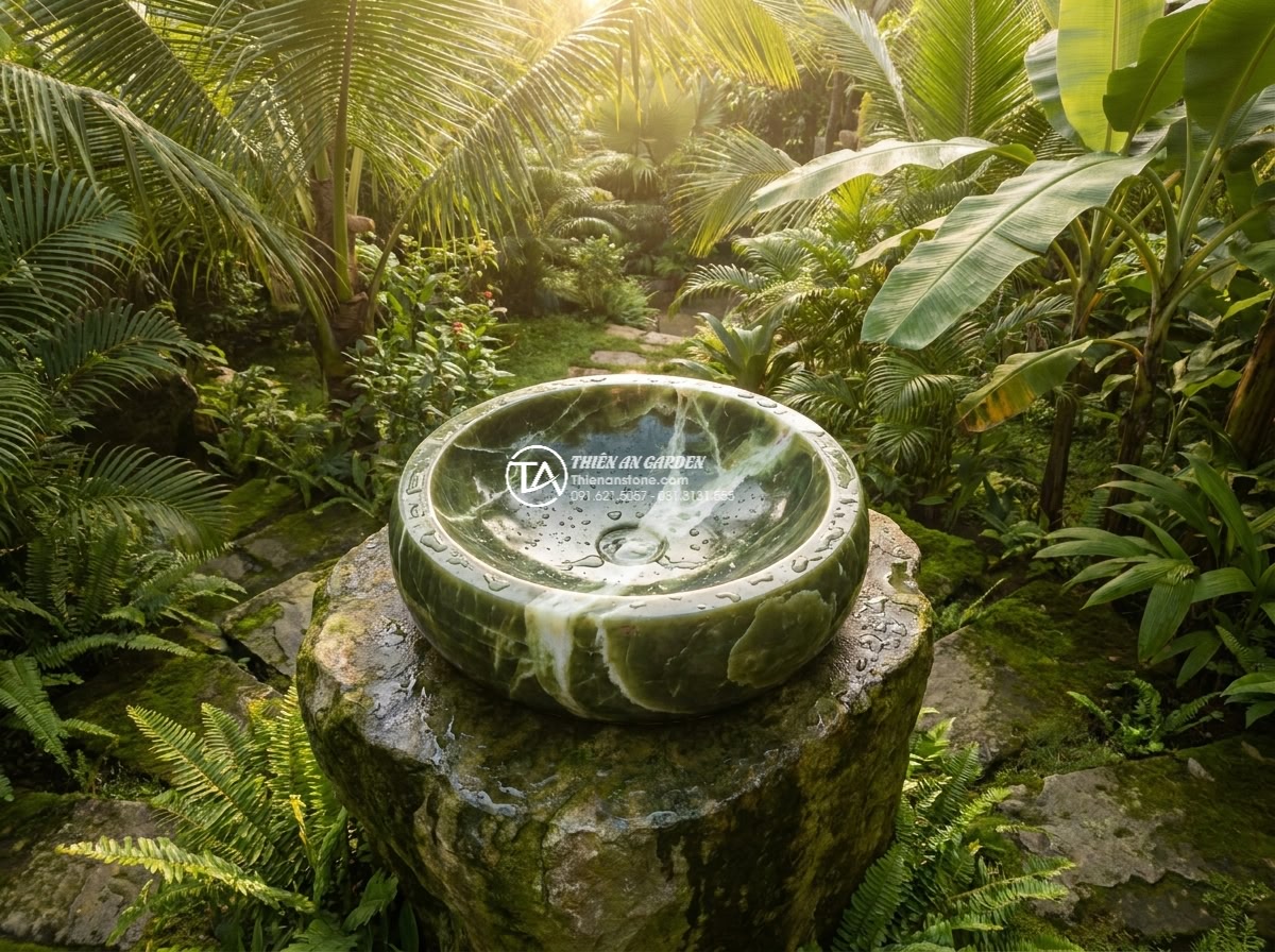Lavabo đá xanh Ngọc Secpentine tròn 42cm (420x420x150mm)