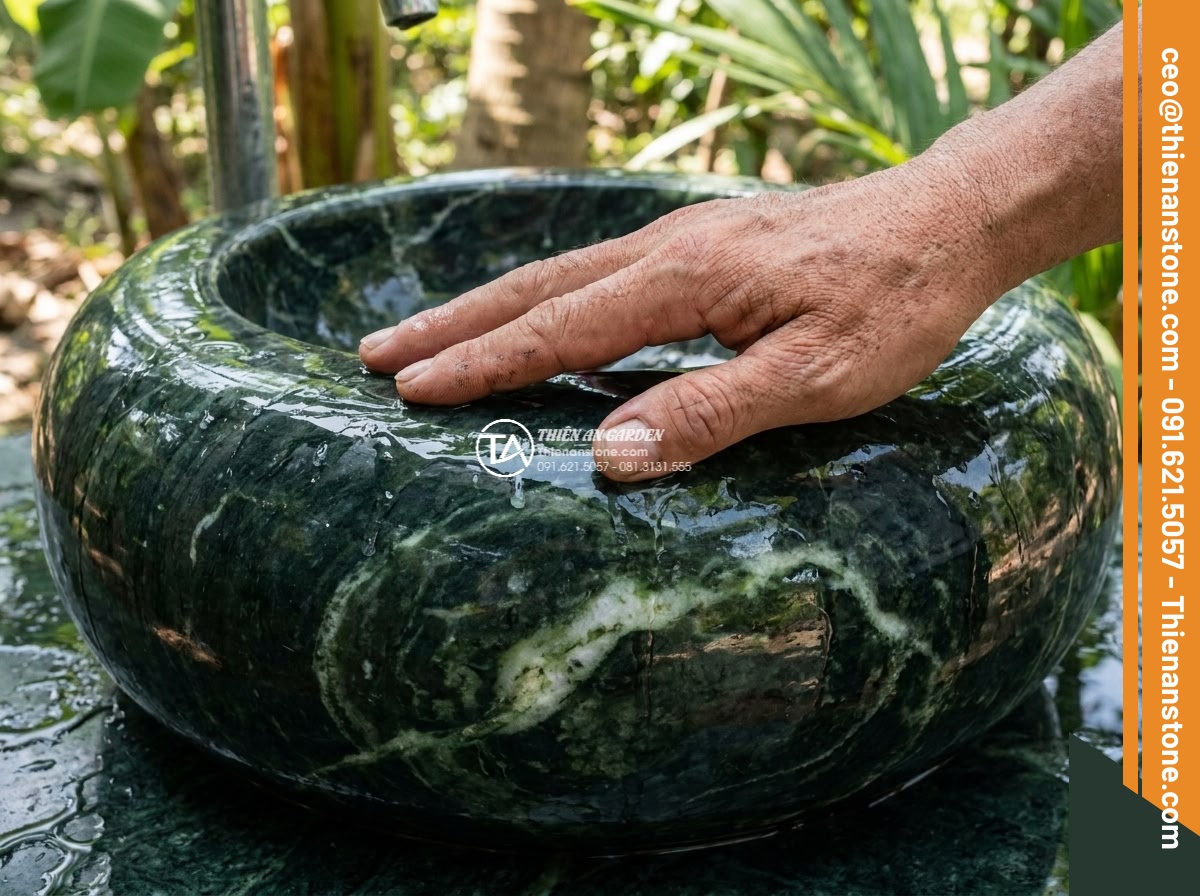 Lavabo đá xanh Ngọc Secpentine tròn 42cm (420x420x150mm) - Hình 4 Lavabo đá xanh Ngọc Secpentine tròn 42cm (420x420x150mm) - Tactile close-up of a human hand gently touching the smooth polished surface of