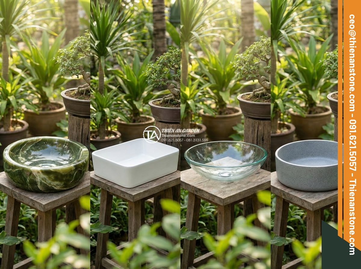 Lavabo đá xanh Ngọc Secpentine tròn phình 42cm (420x420x150mm)
