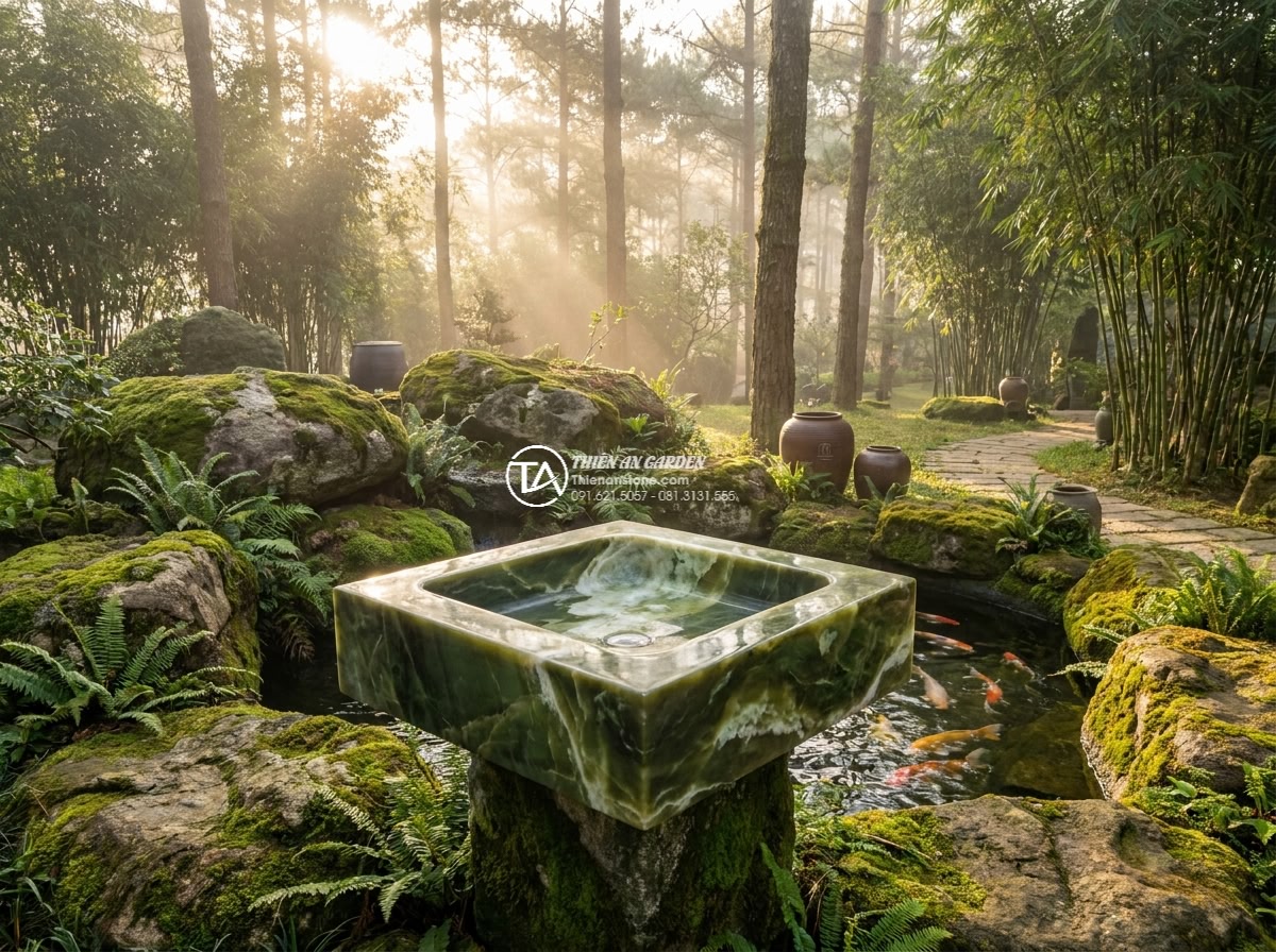 Lavabo đá xanh Ngọc Secpentine vuông 42cm (420x420x150mm) - Wide cinematic shot of a luxurious modern villa garden in Da Lat Vietnam at sunr