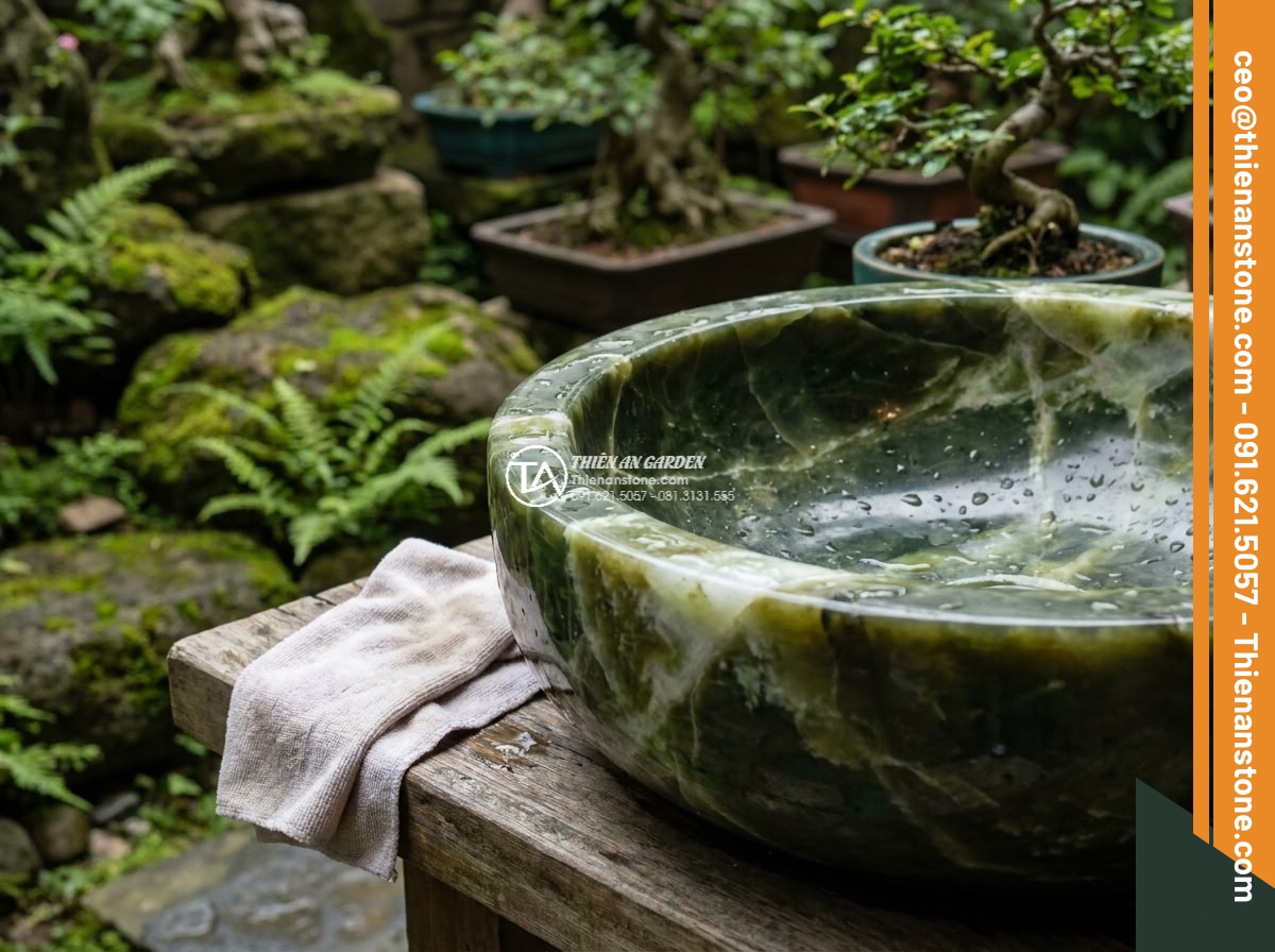 Lavabo đá xanh Ngọc Secpentine vuông 42cm (420x420x150mm) - Hình 10 Lavabo đá xanh Ngọc Secpentine vuông 42cm (420x420x150mm) - Cinematic maintenance scene of a person gently cleaning the green serpentine sto