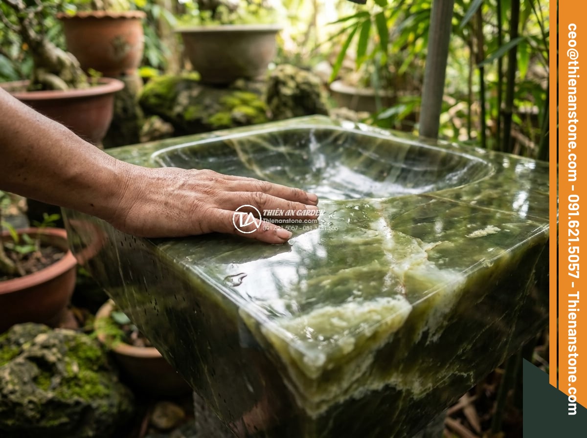Lavabo đá xanh Ngọc Secpentine vuông 42cm (420x420x150mm) - Hình 4 Lavabo đá xanh Ngọc Secpentine vuông 42cm (420x420x150mm) - Intimate cinematic close-up of a person's hand gently touching the polished surf