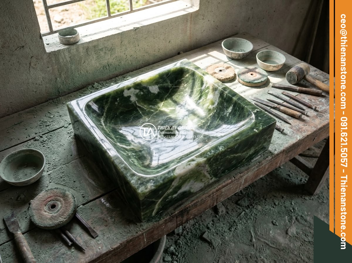 Lavabo đá xanh Ngọc Secpentine vuông 42cm (420x420x150mm) - Hình 8 Lavabo đá xanh Ngọc Secpentine vuông 42cm (420x420x150mm) - Artisan workshop cinematic scene showing skilled craftsmen hand-polishing a gree