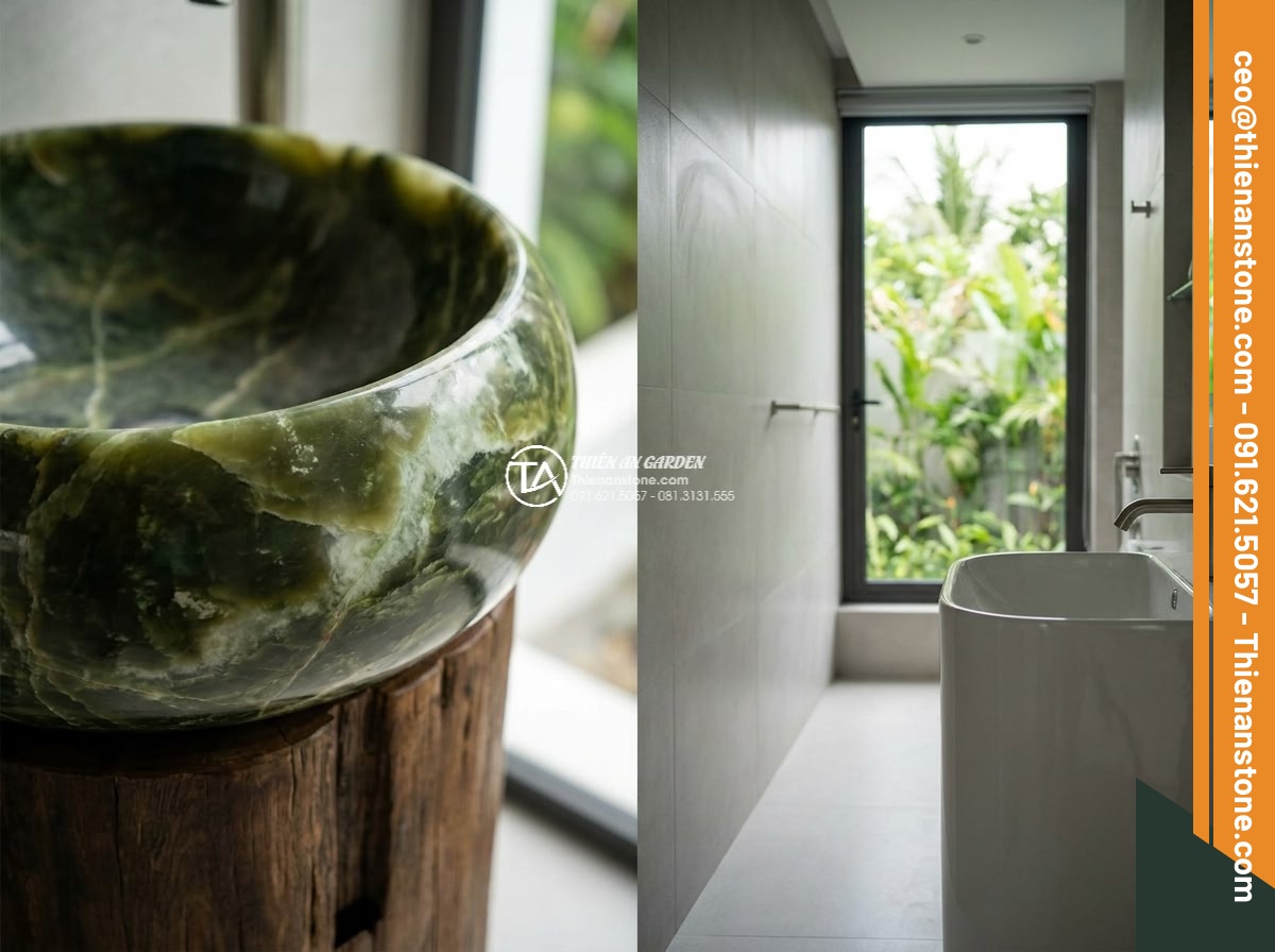 Lavabo đá xanh Ngọc Secpentine vuông 42cm (420x420x150mm) - Hình 9 Lavabo đá xanh Ngọc Secpentine vuông 42cm (420x420x150mm) - Comparison style cinematic image showing the elegant green serpentine stone lava
