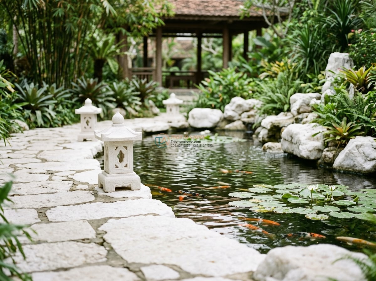 Lối cầu đá trắng muối kết hợp đèn đá trang trí: 220 x 90 x 20 cm. - Hình 20 Lối cầu đá trắng muối kết hợp đèn đá trang trí: 220 x 90 x 20 cm. - Multi-sensory garden experience shot showing white salt stone pathway beside koi