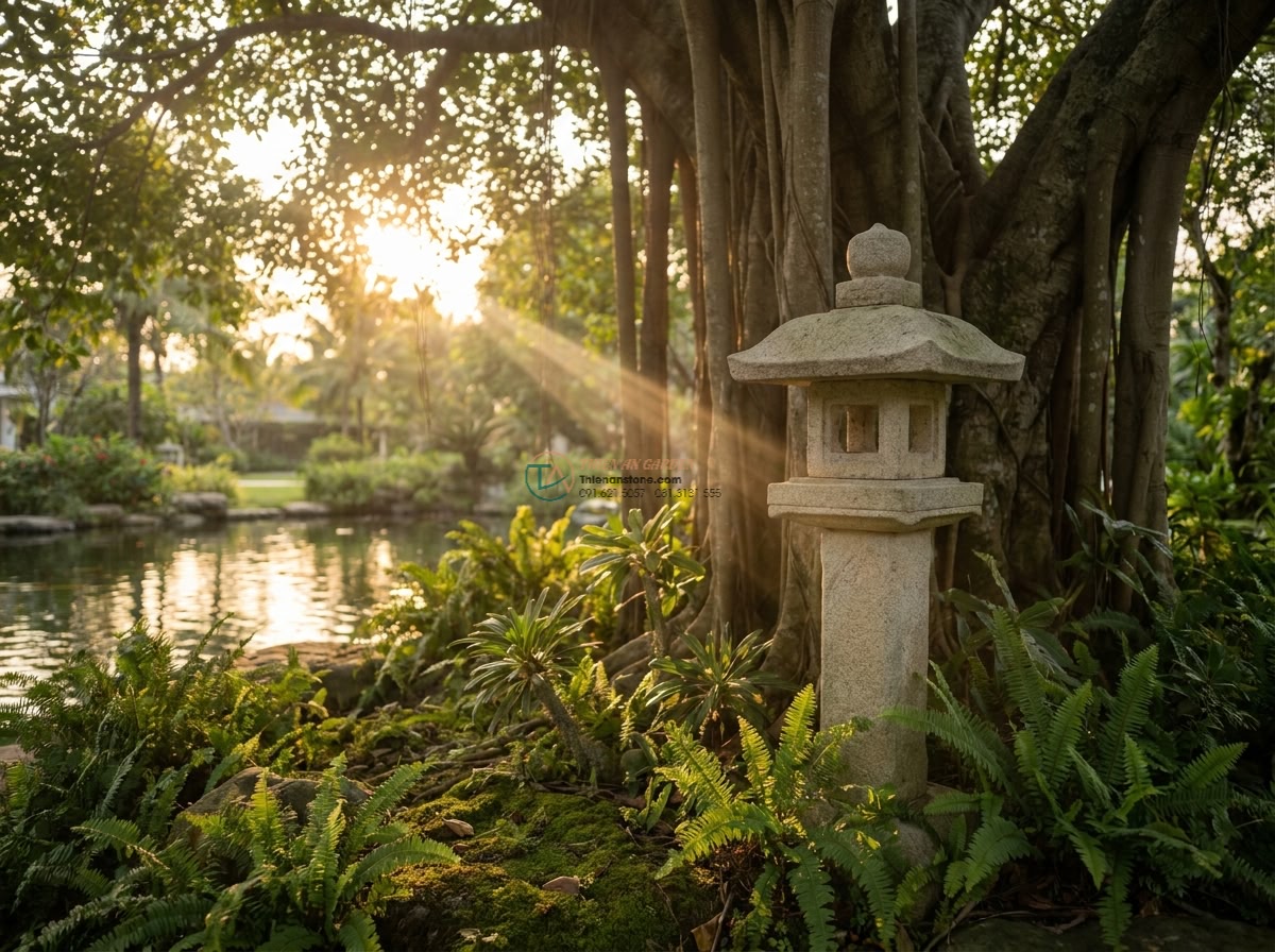 Mẫu đèn đá sa thạch Mizubutaru mộc mạc trang trí gốc cây cao 80cm. - Wide cinematic shot of rustic Mizubutaru sandstone garden lamp 80cm tall placed