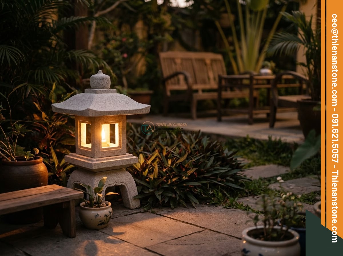 Mẫu đèn đá sa thạch Mizubutaru mộc mạc trang trí gốc cây cao 80cm.