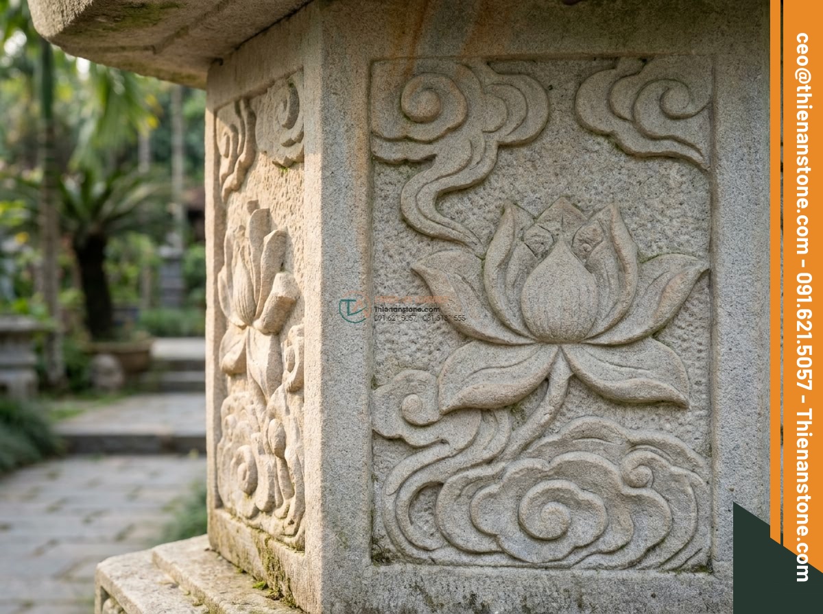 Mẫu đèn đá sa thạch Rankei vươn dài nghệ thuật cao 100cm. - Hình 3 Mẫu đèn đá sa thạch Rankei vươn dài nghệ thuật cao 100cm. - Close-up detailed view of hand-carved intricate patterns on 100cm Rankei sandsto