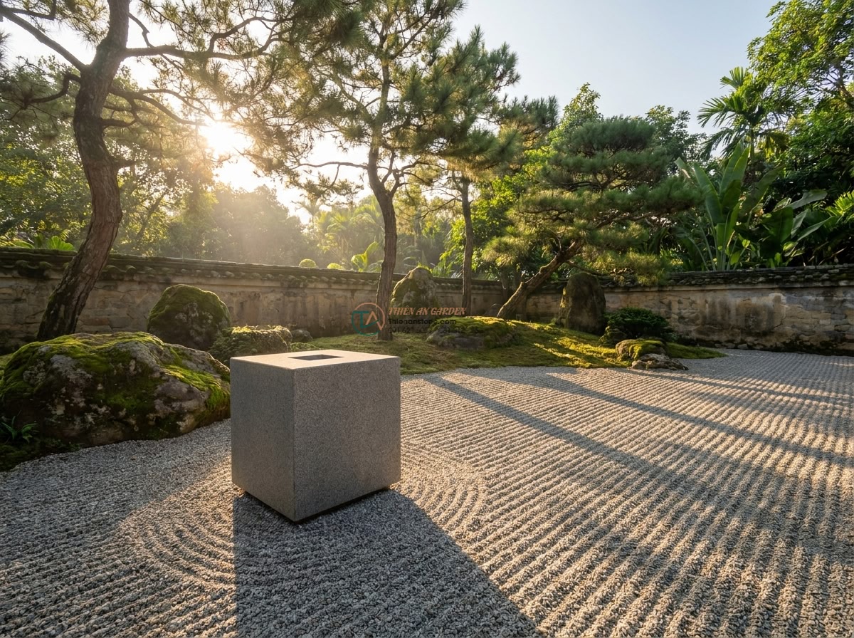 Mẫu đèn đá vuông Oki-doro tối giản bằng đá Granite (30x30x35cm). - Wide cinematic shot of a minimalist square Oki-doro granite stone lantern 30x30x