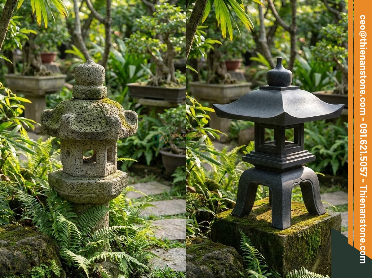 Mẫu đèn đá vuông Oki-doro tối giản bằng đá Granite (30x30x35cm).