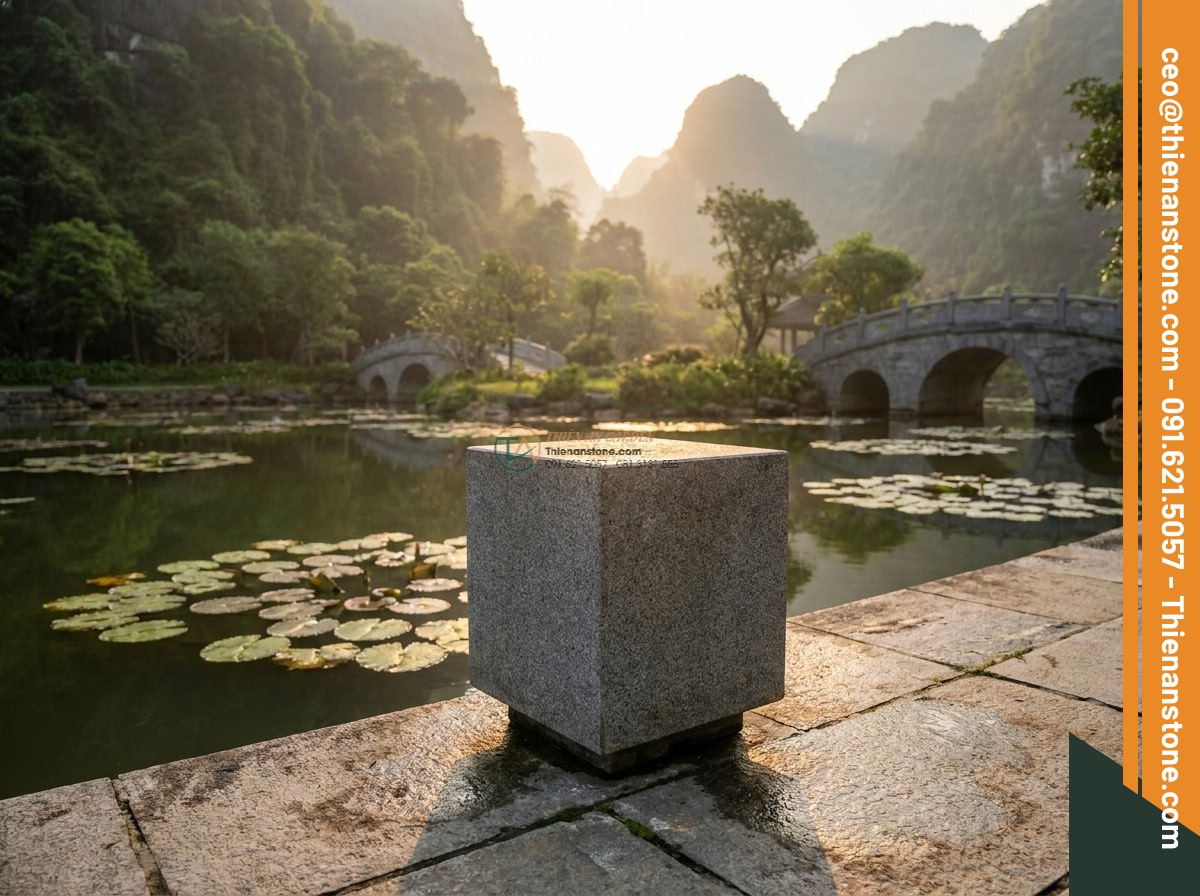 Mẫu đèn đá vuông Oki-doro tối giản bằng đá Granite (30x30x35cm).