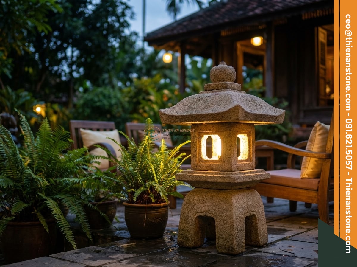 Mẫu đèn đá vuông Oki-doro tối giản bằng đá Granite (30x30x35cm).