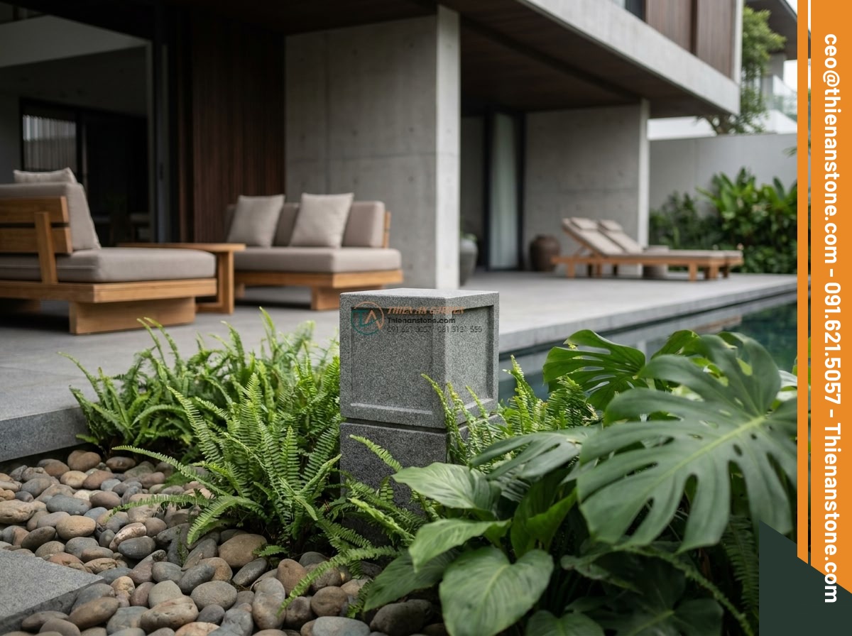 Mẫu đèn đá vuông Oki-doro tối giản bằng đá Granite (30x30x35cm).