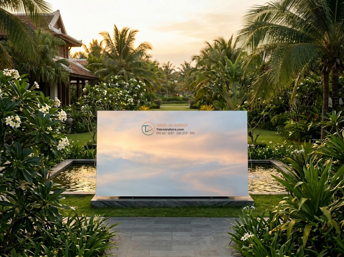 Phiến đá cầu vân mây mài bán bóng cực sang: 160 x 65 x 15 cm. - Hình 1 Phiến đá cầu vân mây mài bán bóng cực sang: 160 x 65 x 15 cm. - Cinematic wide-angle establishing shot of a large 160x65x15cm polished cloud-vei