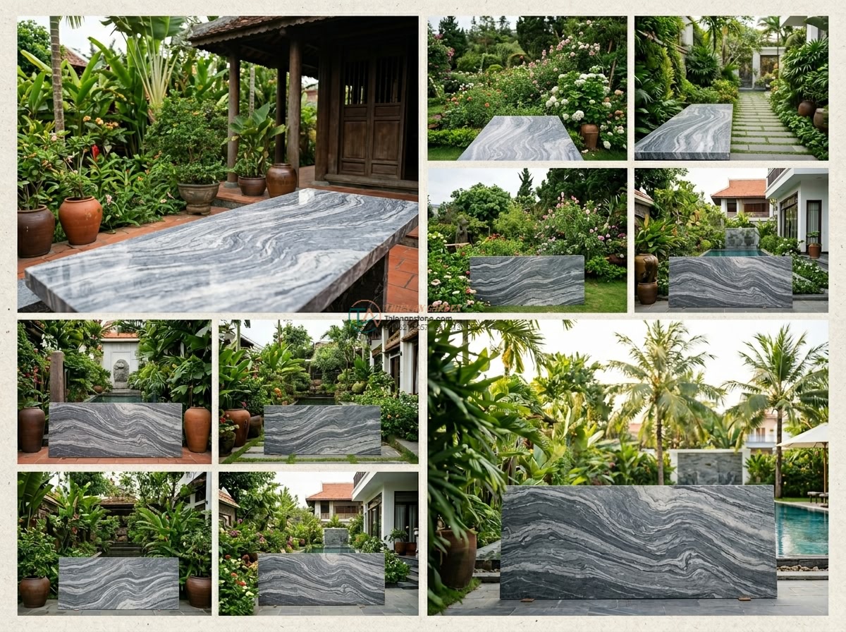 Phiến đá cầu vân mây mài bán bóng cực sang: 160 x 65 x 15 cm. - Hình 19 Phiến đá cầu vân mây mài bán bóng cực sang: 160 x 65 x 15 cm. - Real customer testimonial collage style image showing happy villa owners posing