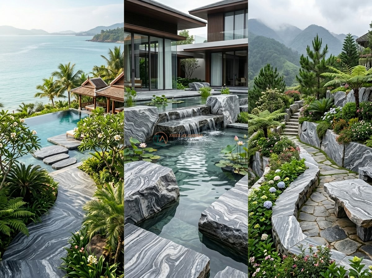 Phiến đá cầu vân mây mài bán bóng cực sang: 160 x 65 x 15 cm. - Hình 20 Phiến đá cầu vân mây mài bán bóng cực sang: 160 x 65 x 15 cm. - Inspirational final shot of multiple luxury garden projects featuring the signat
